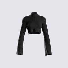 Don't let them underestimate you 😏 Speak volumes, without having to do much in this high-neck, flared sleeve black sweater knit top 💯 Fitted Black Cropped Sweater, Fitted Black Cropped Long Sleeve Sweater, Winter High Neck Black Tops, Casual High Stretch Black Sweater, Black Ribbed Long Sleeve Turtleneck, Stretch Black Turtleneck, Fitted High Neck Cropped Sweater For Winter, Trendy Black Knit Turtleneck, Trendy Black Fitted Cropped Sweater