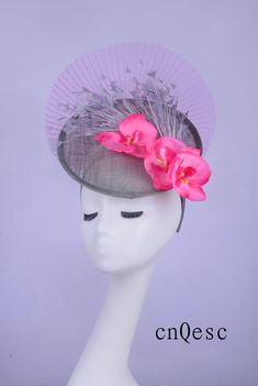 Grey/pink Sinamay Crin Fascinator Kentucky Derby Hat With - Etsy Flower-shaped Party Fascinator With Flower Decoration, Church Fascinator With Feather Trim, Summer Wedding Ostrich Feather Fascinator, Feather Trim Fascinator For Church And Royal Ascot, Church Fascinator With Feather Trim For Royal Ascot, Royal Ascot Church Fascinator With Feather Trim, Spring Wedding Fascinator With Ostrich Feathers, Spring Race Mini Hats With Ostrich Feathers, Ostrich Feather Fascinator For Royal Ascot Races