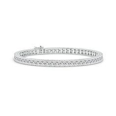 A beautiful blend of contemporary and classic design elements, this lab-grown diamond tennis bracelet is sure to delight. Elegant and glimmering princess cut lab-grown diamonds are held in semi bezel settings for an elegant look. This gorgeous bracelet secures with a catch clasp. Elegant White Gold Tennis Bracelet With Channel Set, Classic Silver Tennis Bracelet With Channel Set, Silver Channel Set Tennis Bracelet, White Gold Diamond Tennis Bracelet - Channel Set, Luxury Classic Brilliant-cut Tennis Bracelet, Channel Set, Tennis Bracelet Diamond, Gorgeous Bracelet, Diamond Bracelets