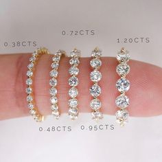 three different types of diamond bracelets on someone's hand with the size and weight