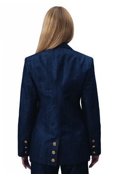 Demi Denim Suit - Blazer Key Features: Durable navy blue denim Three gold buttons Satin lining Two pockets Made in the USA Details: The Demi Denim Suit Blazer in navy blue offers a classic, timeless look. Made from durable denim with three gold buttons and satin lining, this blazer provides both style and comfort. The two pockets add practical convenience. Content + Care: Fabric: Premium Denim CottonCare instructions: Dry clean only.Core Values & Sustainability Commitments: ensuring the reductio Classic Denim Button-up Blazer, Classic Medium Wash Blazer With Button Closure, Denim Jeans With Buttoned Pockets For Work, Workwear Jeans With Buttoned Pockets, Classic Denim Blazer With Buttons, Classic Tailored Denim Jacket, Tailored Denim Blazer With Button Closure, Dark Wash Blazer With Button Closure For Work, Dark Wash Denim Blazer For Workwear