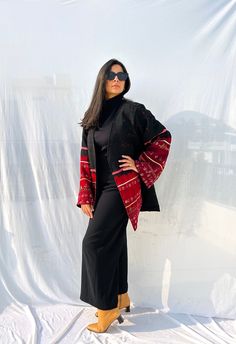 Festive Long Sleeve Kaftan With Woven Motifs, Long Embroidered Fall Kimono, Festive Outerwear With Woven Motifs, Festive Black Spring Outerwear, Long Kimono For Festivals, Black Long Kimono For Fall, Long Black Kimono For Fall, Long Coat For Festival, Traditional Long Coat For Festive Season