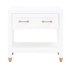 a white nightstand with two drawers and gold handles on the bottom shelf, against a white background