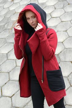 "Hooded Coat, Red Women Hoodie, Big Hood Hoodie Express Shipping to the USA, UPS Courier for free Delivery 3-5 Business Days Thanks for your love for the Hoodie/Tunic/Coat ♥ A short characteristic of this product... We present you a great asymmetrical sweater / jacket with a slightly longer front and a shorter length. The shirt has a unique shape and pattern, perfectly adhering to the silhouette. It has comfortable pockets that will fit all your trinkets, as well as a comfortable and large hood. Red Fleece Hooded Jacket With Adjustable Hood, Red Urban Hooded Jacket With Double-lined Hood, Red Double-lined Hoodie, Urban Red Hooded Jacket With Double-lined Hood, Red Hooded Hoodie With Double-lined Hood, Red Fleece Hooded Jacket, Red Hooded Sweatshirt With Double-lined Hood, Red Cotton Winter Hoodie, Urban Red Long Sleeve Hooded Jacket