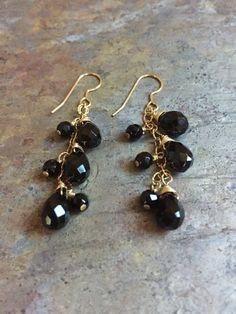 Black agate gemstones and swarovski beads gold dangle earrings Elegant Teardrop Black Bead Jewelry, Elegant Teardrop Black Beaded Jewelry, Nickel Free Black Long Drop Earrings, Black Sterling Silver Long Drop Jewelry, Black Long Drop Earrings With Ear Wire, Black Teardrop Jewelry With Ear Wire, Black Dangle Linear Earrings For Pierced Ears, Black Teardrop Ear Wire Jewelry, Black Dangle Earrings With Ear Wire