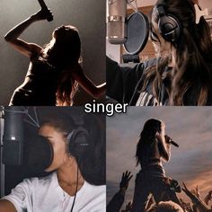 four different pictures with the same person singing in front of microphones and recording equipment