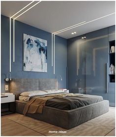 a large bed sitting in a bedroom next to a painting on the wall above it