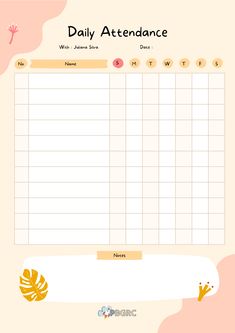 the daily attendance sheet is shown in yellow and pink colors, with palm leaves on it