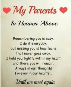 a poem written in red ink on a white background with hearts and the words my parents in heaven above it