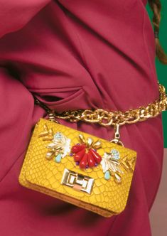 A canary yellow vegan leather chain-link belt bag with chunky red embellishments. Colorful Belt, Yellow Belt, Brass Patina, Canary Yellow, Belt Bags, Embroidered Bag, Waist Bags, Stretch Satin, Incredible India