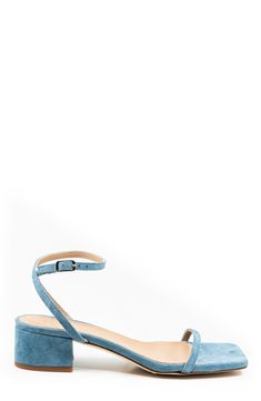 the Brook sandal shows off the minimal design details with a low block heel  Made in Spain true to size Gul Hurgel, Wedding Accesories, Resort 2024, Low Block Heels, Children In Need, Blue Suede, Minimal Design, Suede Leather, Design Details