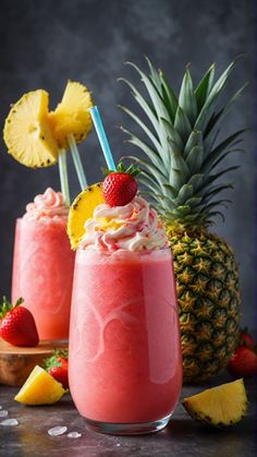 two glasses filled with pink smoothie next to pineapples and sliced strawberries