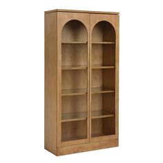 a wooden bookcase with glass doors on the front and bottom shelves in light wood