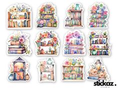 watercolor stickers with books and vases