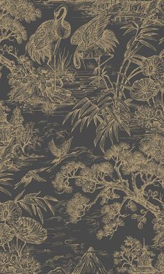 a black and gold wallpaper with birds in the water, plants and trees on it