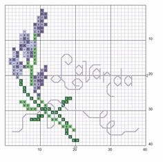 a cross stitch pattern with purple flowers on the side and green stems in the middle