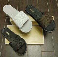 Top Rated NEW Michael Kors SLIDES Wade Adjustable MK Logo slide Sandals White Black shoes, Women's shoes Flip Flops Michael Kors, Michael Kors Casual Sandals With Cushioned Footbed, Mk Slippers, Mk Slides, White Black Shoes, Michael Kors Slides, Ariel Wedding, Mk Shoes, Monogram Outfit