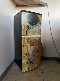 the refrigerator is decorated with an image of a woman's face