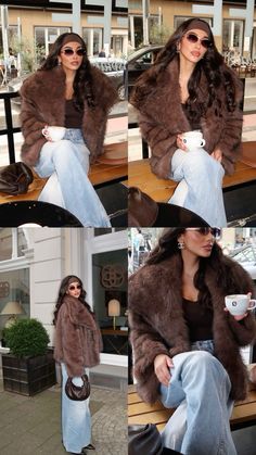 #brown #fall #winter #outfit #winterstyle Brown Leather Blazer Outfit Winter, All Brown Winter Outfit, Mink Coat Outfit Street Style, Snow Night Out Outfit, Brown Faux Fur Jacket Outfit, Brown Fur Coat Aesthetic, Brown Hair Outfits Winter, Casual But Dressy Outfits Winter, Winter Outdoor Event Outfit