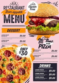 a menu for a restaurant with different types of pizzas and drinks on the side