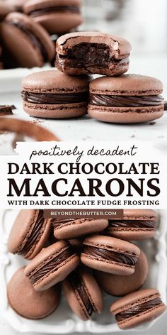 chocolate macaroons with dark chocolate fudge frosting on a white platter