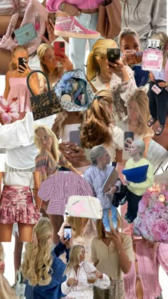 the collage shows many different women in dresses and hats, all holding their cell phones