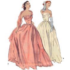 "With attached stole or strapless, this beautiful strapless evening or bridal, wedding gown with beautifully moulded bodice and flowing bouffant skirt (view B) adds a new detail in (view A) the wispy, floating stole-scarf that is attached to one side then drapes around the shoulders. Offered here as: Paper Pattern or the Original Pattern. https://www.etsy.com/uk/listing/1019284391/pdf-vintage-1950s-sewing-pattern-ball Skill Level: Intermediate Size Guide: Size 14 Bust 32\" (81cm) Waist 26.5\" (6 Dress Patterns Uk, 1950s Prom Dress, Vintage Fashion Sketches, Prom Dress Pattern, 50s Prom, Gown Sewing Pattern, Vintage Ball Gowns, Evening Dress Patterns, 1950s Sewing Patterns