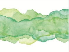 a green and yellow watercolor painting on white paper with some clouds in the background