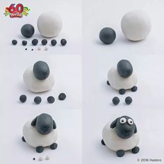 four different pictures of sheep made out of clay and black balls with googly eyes