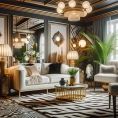 a living room filled with lots of furniture and decor on top of a black and white rug