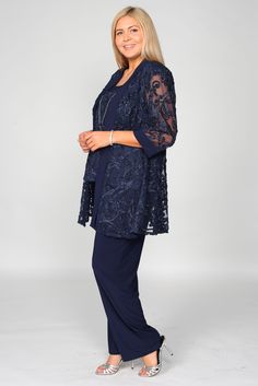 This modest mother of the bride pant suit features a sleeveless round neckline with embroidered soutache mesh with jersey knit trim and 3/4 sleeve matching jacket. Perfect for any special occasion. Available in Plus Size and Petite Size Fabric : Jersey, Poly SpandexLength : LongSleeve Style : Sleeveless with Matching JacketColors : Navy, Granite, HunterSizes : 6, 8, 10, 12, 14, 16, 18Fully LinedSoft Cup InsertsOccasion : Formal, Evening Party, Mother of the Bride, Mother of the Groom, Church, We Mother Of The Bride Trousers, Bride Pant Suit, Mother Of The Bride Jackets, Bride Suit, Backless Dress Short, Colorful Dresses Formal, Green Homecoming Dresses, Mother Of Bride Outfits, Formal Jacket