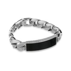 Handsome and classic, identification bracelets remain a fashionable choice for men of all ages. This stunning 15.0mm-wide curb link chain is crafted in sleek stainless steel and showcases a dramatic rectangular black onyx gemstone identification plate. Buffed to a brilliant luster, this eye-catching 8.5-inch bracelet secures with a foldover clasp. Cheap Men's Chain Bracelets, Luxury Tarnish Resistant Men's Chain Bracelet, Metal Cuban Link Bracelet, Tarnish Resistant, Perfect As Gift, Luxury Black Sterling Silver Men's Bracelet, Mens Onyx Bracelet, Id Bracelets, Stainless Steel Bracelet, Black Onyx, Bracelets For Men