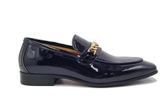 Patent Leather Beveled Square Toe Loafer Navy Elegant new Beveled Square Toe slip-on Loafer from the Carrucci collection in Supple Patent Leather features Bailey Goldtone Chain Hardware, soft Calfskin lining with a cushioned insole, and a clean welt! Elegant Blue Slip-ons For Work, Elegant Blue Slip-ons For Formal Wear, Elegant Blue Slip-ons For Formal Occasions, Elegant Navy Dress Shoes For Business, Elegant Navy Business Dress Shoes, Elegant Navy Formal Loafers, Navy Slip-on Formal Loafers, Elegant Navy Leather Loafers, Navy Formal Loafers With Leather Sole