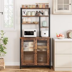 a kitchen with a microwave and some shelves