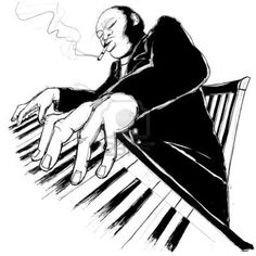 a black and white drawing of a man sitting at a piano with his hands on the keys