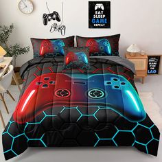 PRICES MAY VARY. 【Size】5 Pieces gaming bedding set twin size include:1 Comforter：68 x 86 inches/173 x 218 cm; 1 Fitted Sheet：39 x 75 x 16 inches /100x190x40cm, 1 Flat Sheet：66 x 96 inches/167x243cm,1 Pillow Case：20 x30 inches / 50x75cm,1 Cushion Cover：19x19 inches /46x46cm 【Material】 Fabric is made of microfiber.Comforter filling is polyester. Extremely soft material keeps you warm and cozy for all seasons. 【Design】Unique Design:Game console pattern for gamer bedding, the comforter color will be Gamer Bed, Gaming Bed, Gaming Pillow, New Room Design, Video Game Room Decor, Boys Bed, Full Size Comforter, Twin Comforter Sets, Gamer Room Decor