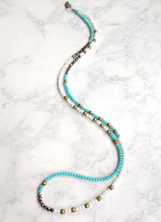 Bexley-Aqua-White-Hematite-Brass-Beaded-Layering-Necklace-Bracelet Brass Necklace, Bracelet Stack, Turquoise Necklace, Beaded Necklace, Turquoise, Necklaces, Brass, Pure Products, Bracelet