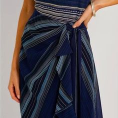 New, No Tags. Never Worn. A Faux-Wrap Silhouette, Cascading Ruffles, And Soothing Stripes In A Myriad Of Blue Hues Bring A Sense Of Fluidity To This Beautiful Midi Skirt, Which Is Cut From Delicate Crinkle Georgette For A Graceful Drape And Airy Feel. From Lauren Ralph Lauren, This Skirt Features: A-Line Silhouette Attached Self-Tie Accent At The Left Waist Creates A Faux-Wrap Silhouette Cascading Ruffle At The Front Left Waist Front Waist Pleats Intended To Hit At The Mid-Calf Fully Lined Conce Fitted Blue Wrap Skirt For Beach, Fitted Blue Wrap Skirt For The Beach, Chic Fitted Blue Wrap Skirt, Chic Blue Lined Wrap Skirt, Elegant Blue Wrap Skirt For Summer, Elegant Blue Summer Wrap Skirt, Ralph Lauren Skirts, Cascading Ruffles, Women Skirts Midi