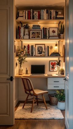 15 Clever Closet-to-Office Transformations You Need to See Built In Desk Apartment, Small Bedroom And Desk Ideas, Cute Small Office Space, Hall Closet Turned Office, Closet Desk Ideas Diy Small Spaces, Spare Room Study, Tiny Office Storage Ideas, Small Study Spare Room Ideas, Closet Office Ideas Small Diy