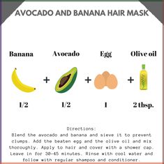 Avocado and banana hair mask| hair mask| Natural Hair Tips| Curly Hair tips| Natural Hair Journey Coconut Health, Banana Hair Mask, Diy Hair Masks, Coconut Health Benefits, Hair Masks, Banana Chips, Shower Cap, Natural Hair Tips, Natural Hair Journey