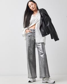 Step up your outfits in these metallic coated silver jeans. In a flattering wide leg shape and crafted in our classic comfort stretch denim fabric. Denim Christmas, Coloured Denim, Winter Campaign, Occasion Wear Dresses, Playset Outdoor, Stretch Denim Fabric, Leisure Suit, Silver Coat, Sports Skirts