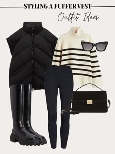 Athleisure Winter Outfits For Women, Oversize Puffer Vest, Sweater Outfit Inspiration, Winter Outfits For Work Women, Breton Sweater Outfit, Women Vest Outfits Winter, Leggings 2023 Street Style, Styling Leggings Winter, Down Vest Outfit Womens