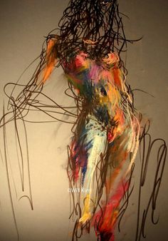 an abstract painting of a woman with long hair and flowing paint on her body is shown against a white background