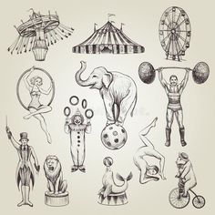 circus and circus icons in black and white, including an elephant, man on a bike,