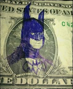 a drawing on top of a one dollar bill with the image of batgirl painted on it