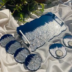 blue and white dishes are on a white cloth next to a potted plant with green leaves