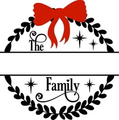 the family logo with a red bow and stars on it's side, in black and white