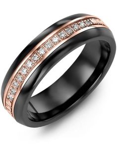 a black and gold wedding ring with channeled diamonds