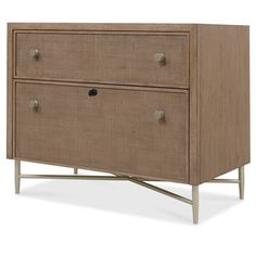 the sideboard is made out of wood and has two drawers, one with metal handles