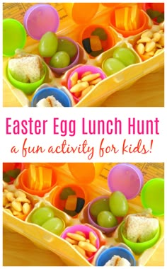 an easter egg lunch hunt for kids with lots of different foods in the trays